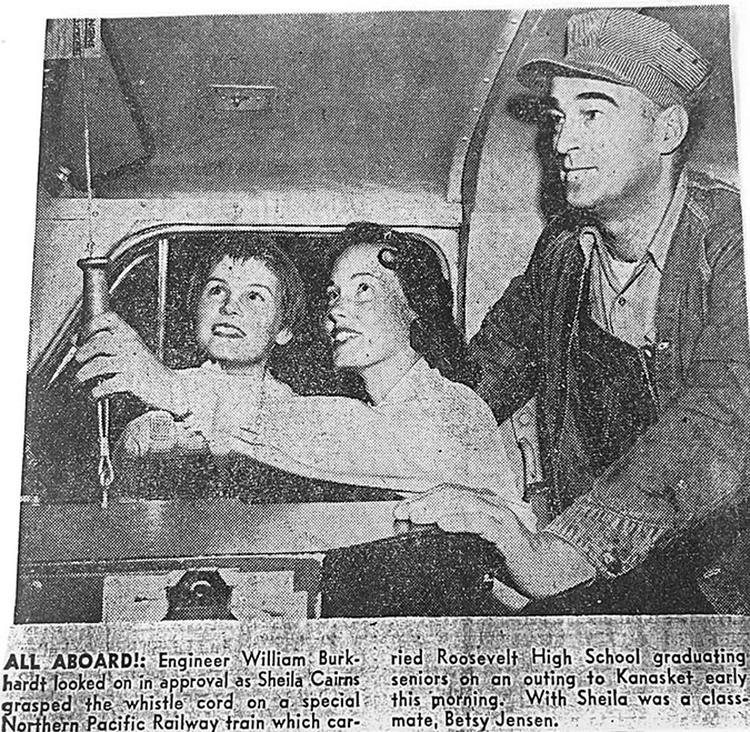 William Burkhardt Jr. shows two high school students how to pull the whistle cord in the locomotive in 1957. William Burkhardt Jr. shows two high school students how to pull the whistle cord in the locomotive in 1957.