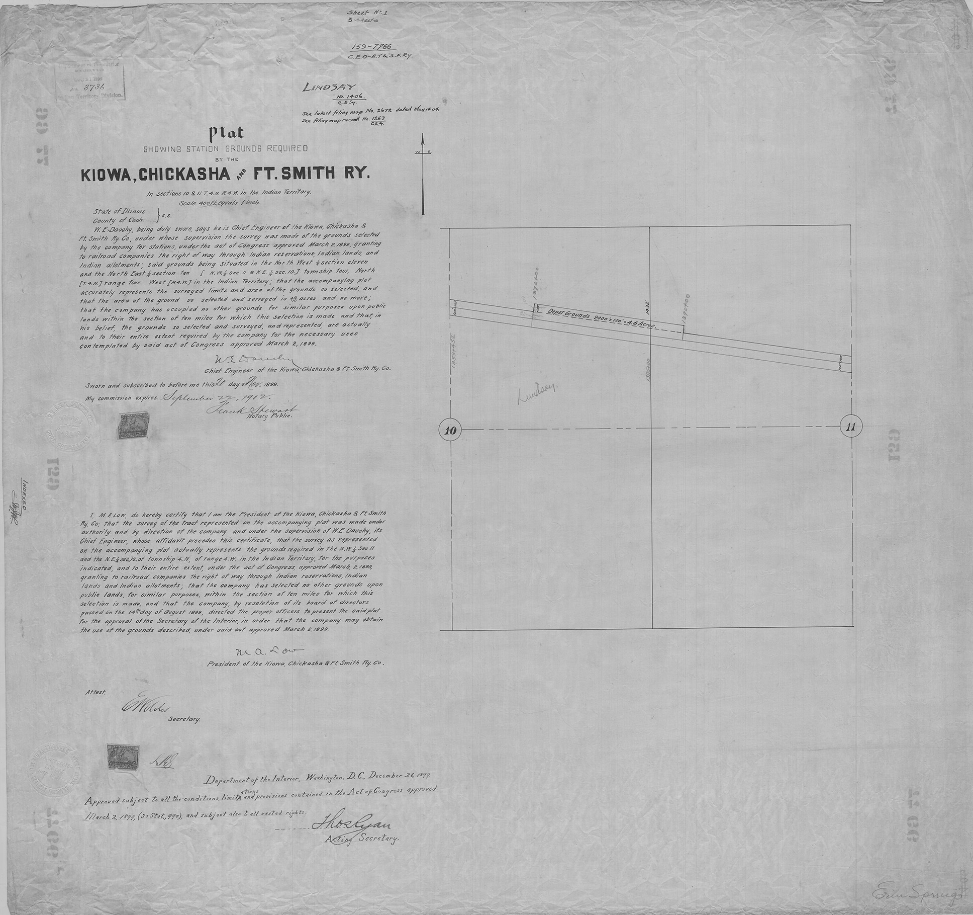 A filing map showing land claimed under an act of Congress in March 1899 and the plat for a train station in Cook County, Ill. A plat map shows the divisions of a piece of land by streets and blocks.