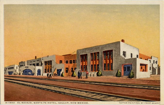 Postcard of El Navajo Hotel in 1930 by Fred Harvey Trading Company.