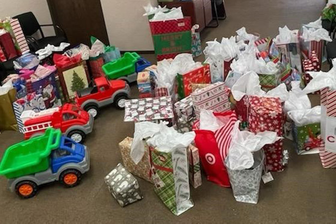 The collection of gifts for 50 children in foster care homes provided by BNSF employees.