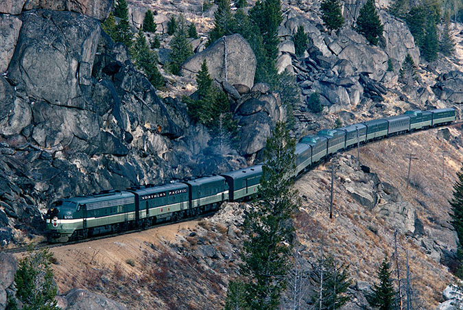 The North Coast Limited traverses Homestake Pass east of Butte, Montana. Photo courtesy of retired ATSF and BNSF employee Steve Patterson.