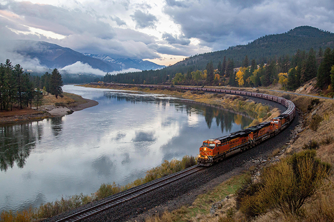 BNSF grain train passing through former Great Northern territory in Montana.