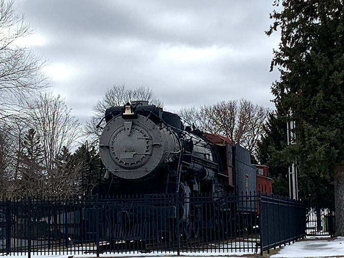 The Burlington Route 4000 Steam Locomotive in Copeland Park. 