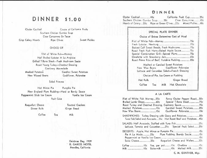 A menu from El Garces on Christmas Day 1929. Courtesy of the Friends of El Garces.