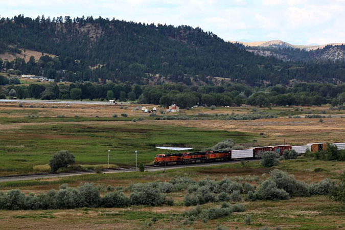 BNSF train passing through Columbus, Montana