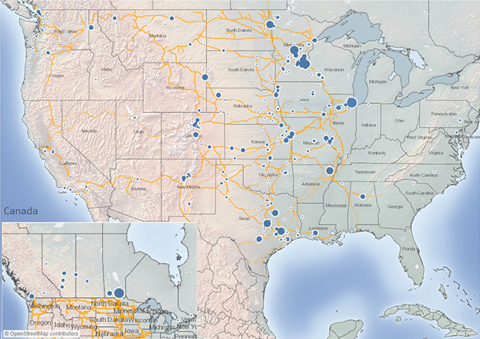 A map of where first responders have logged in from to hear BNSF’s webinars.