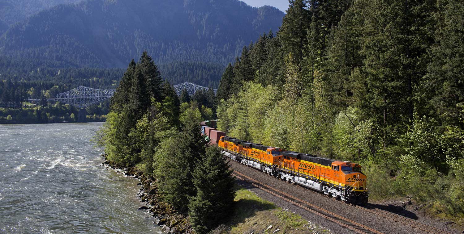 BNSF train in river valley